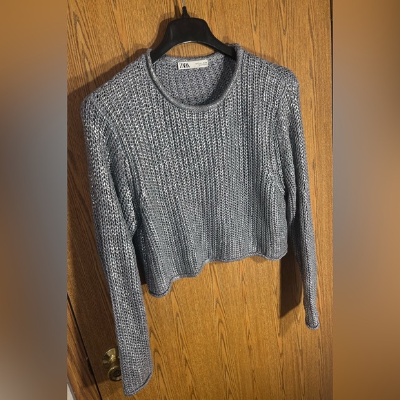 Zara Sweaters - Zara Blue Metallic Chunky Knit Cropped Sweater